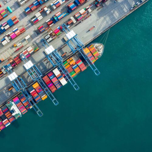 cargo ship at port aerial view