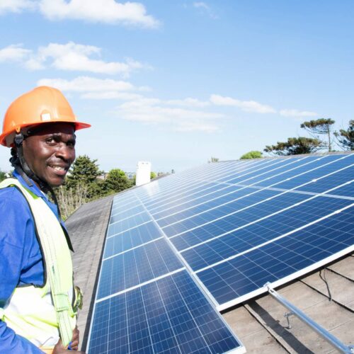 man wearing safety gear in front of solar panels