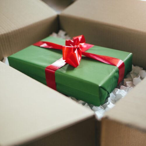 wrapped present in a box